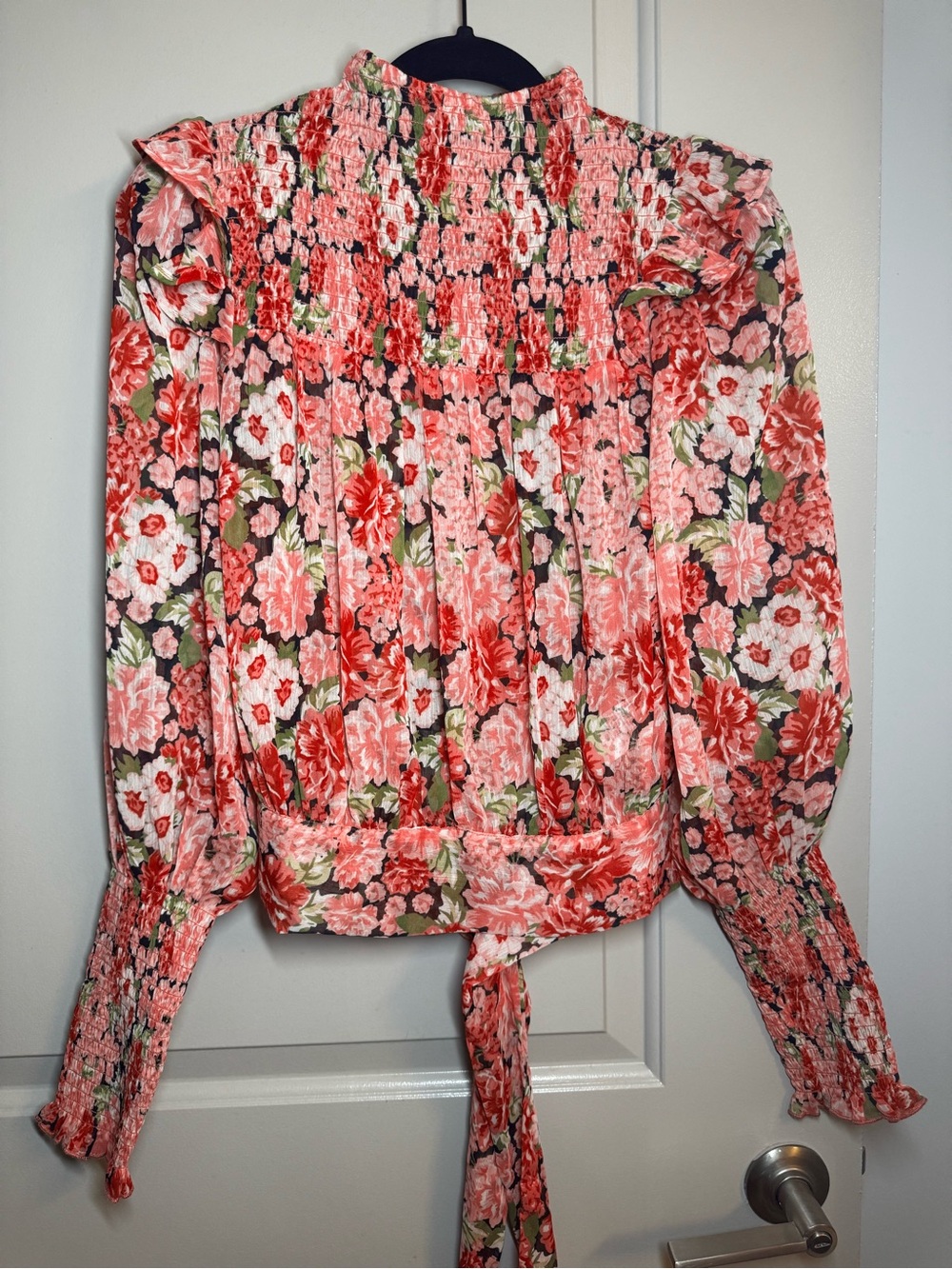 Bardot Coral Pink & Green Floral Smocked High-Neck Blouse